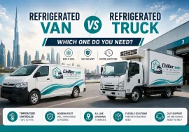 Refrigerated van and refrigerated truck side by side for cold chain delivery in the UAE