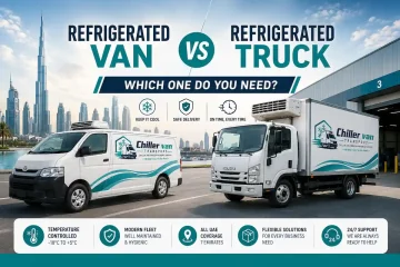 Refrigerated van and refrigerated truck side by side for cold chain delivery in the UAE