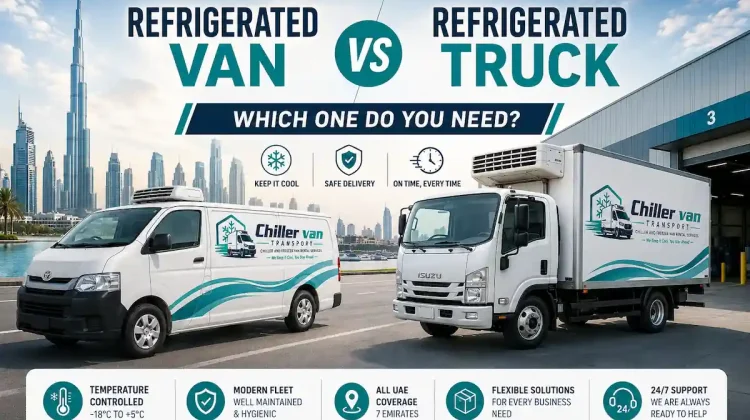 Refrigerated van and refrigerated truck side by side for cold chain delivery in the UAE