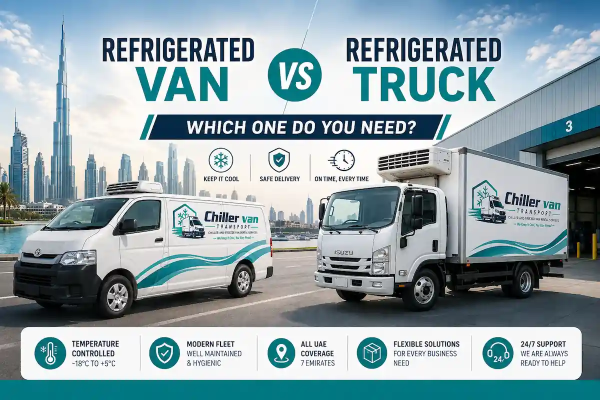 Refrigerated van and refrigerated truck side by side for cold chain delivery in the UAE